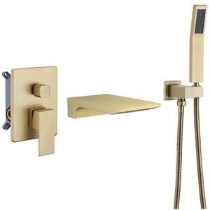 Gold Waterfall Tub Filler Faucet Wall Mount with Hand Shower Modern Wall Mounted